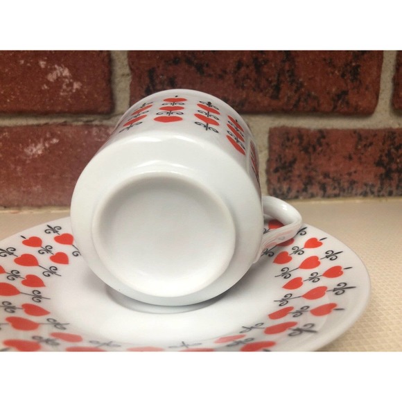 Retro Tea Cup and Saucer Set Fleur De Lis Relpo White with Red Hearts Black - Picture 7 of 9